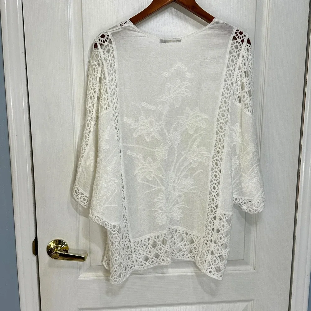 Spiaggia Dolce White Cotton Crochet Lace Floral Embroidered Kimono Cardigan L
